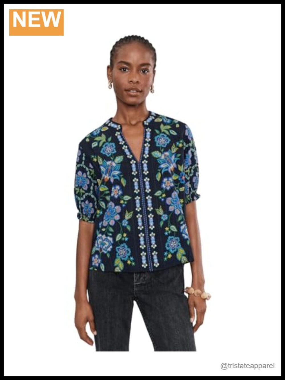 Johnny Was Smocked Sleeve Paris Blouse Delmira Floral Notch Neck